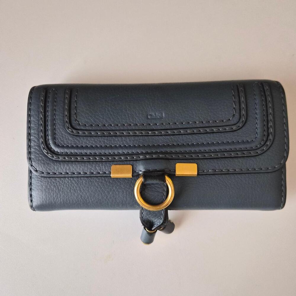 Chloé Marcie Long Wallet Black Pebbled Leather Flap Continental Gold Hardware